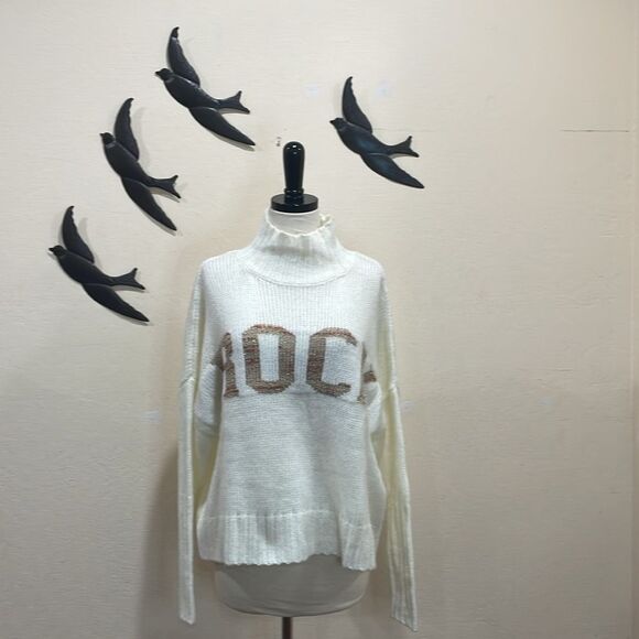 Elan ROCK Winter White Bronze Lettering Oversize Mock Neck Slouchy Sweater - L - Picture 7 of 15